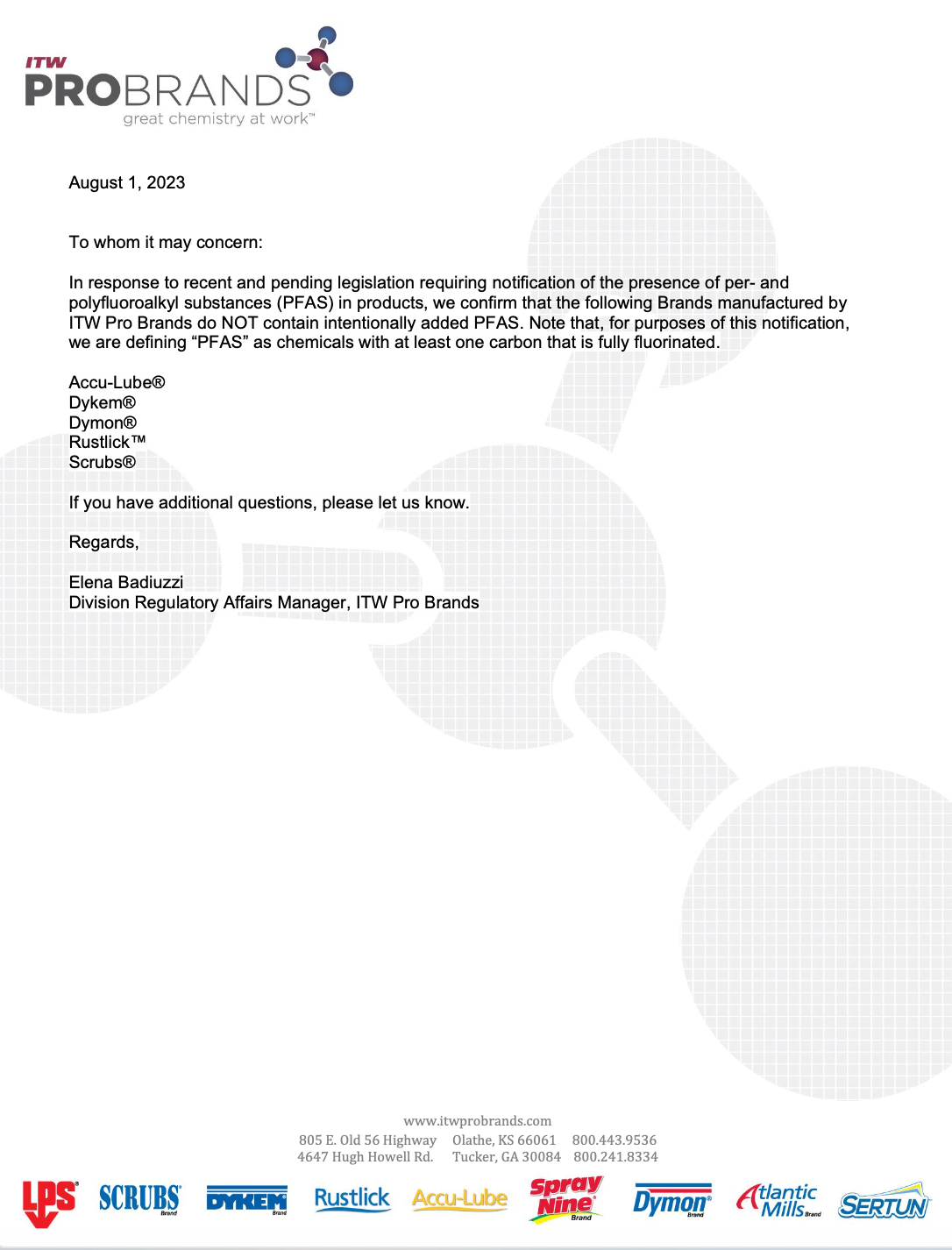 ITW Pro Brands PFAS Letter - General